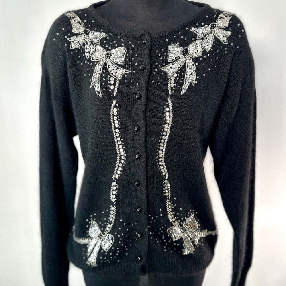 Vintage 80s Black Silver Angora Silk Beaded Sequin Sweater Cardigan Bows! M/L